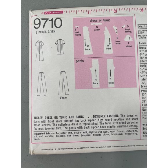 70s Simplicity 9710 Sewing Pattern Size 10 Misses Dress Tunic Pant Vintage UNCUT - Picture 4 of 6